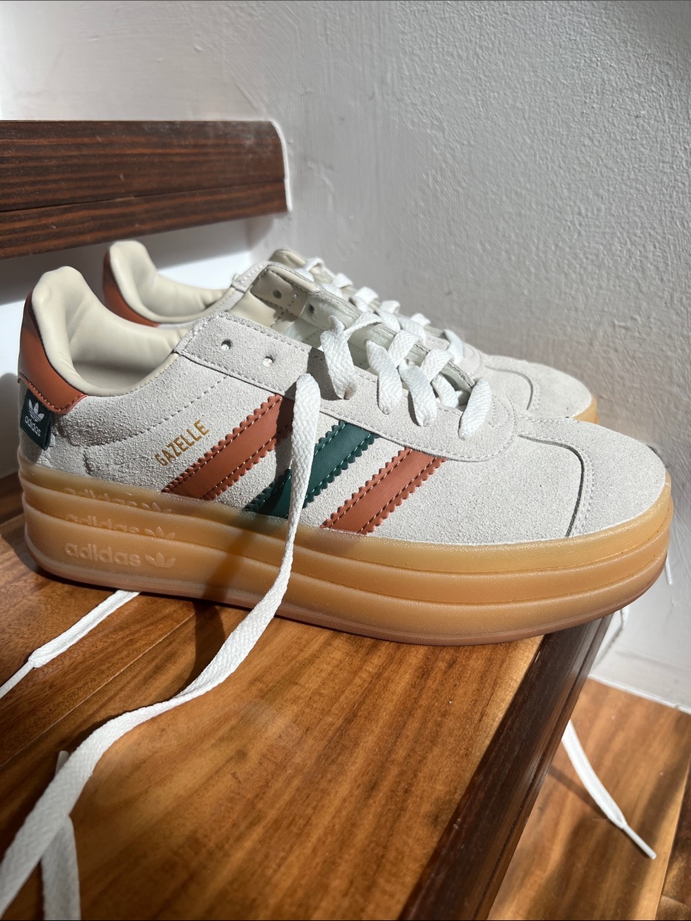 Adidas Gazelle Bold Platform Sneakers Cream Green Magic Beige - Picture 2 of 6